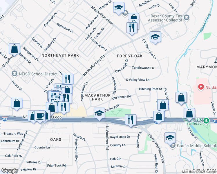 map of restaurants, bars, coffee shops, grocery stores, and more near 2806 Old Moss Road in San Antonio