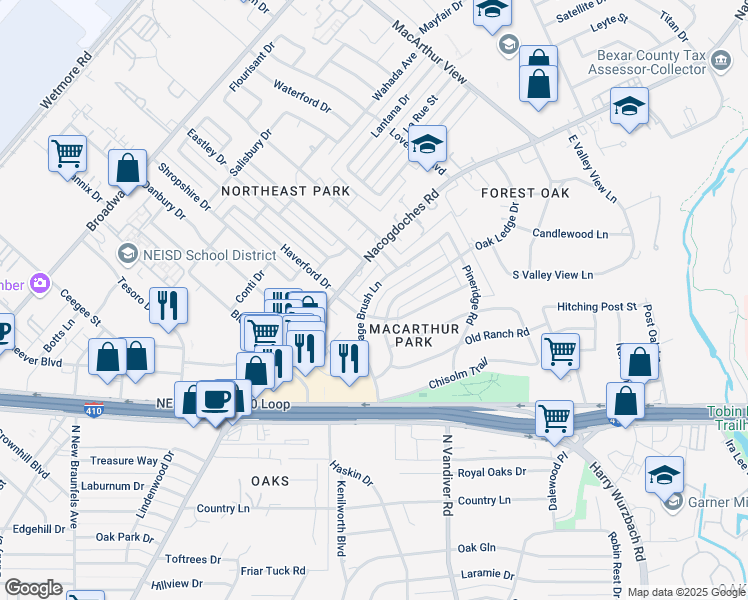 map of restaurants, bars, coffee shops, grocery stores, and more near 8714 Sage Brush Lane in San Antonio