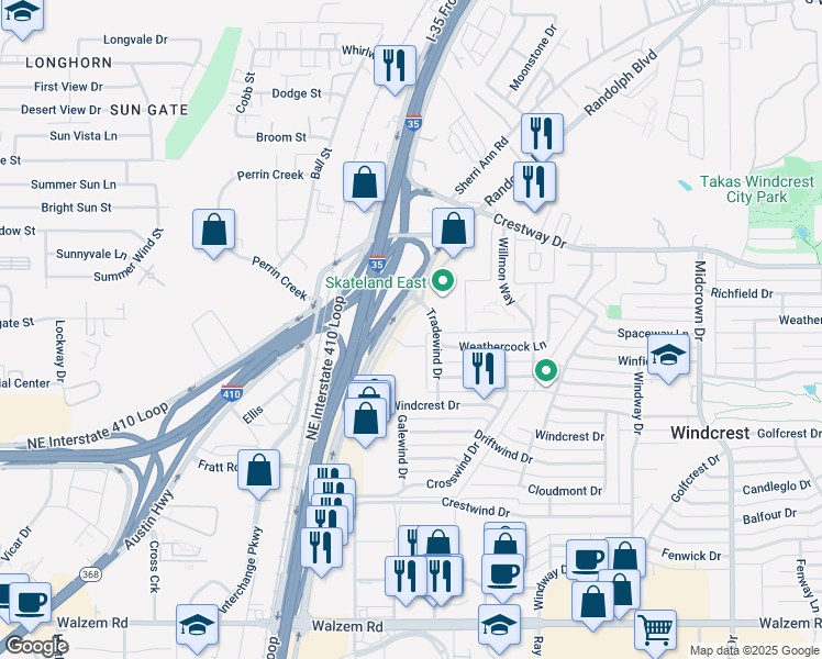 map of restaurants, bars, coffee shops, grocery stores, and more near 8775 Tradewind Drive in San Antonio