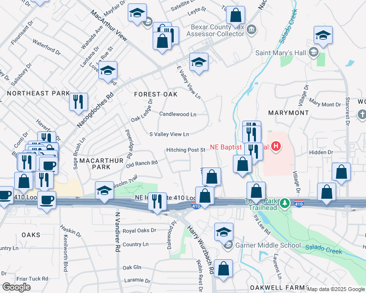 map of restaurants, bars, coffee shops, grocery stores, and more near 3126 Hitching Post Street in San Antonio