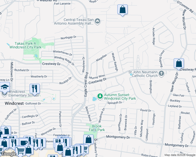 map of restaurants, bars, coffee shops, grocery stores, and more near 8714 Teal Way in San Antonio
