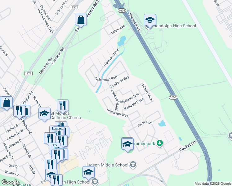 map of restaurants, bars, coffee shops, grocery stores, and more near 9407 Anderson Court in Converse