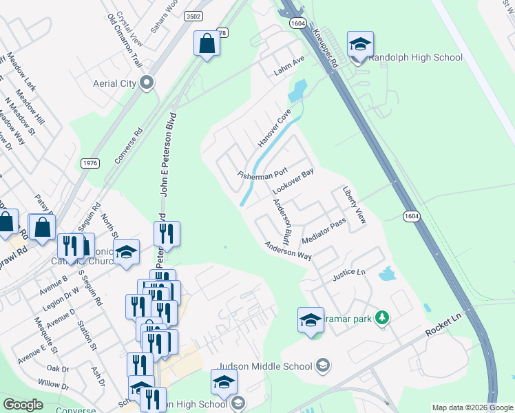 map of restaurants, bars, coffee shops, grocery stores, and more near 9314 Lookover Bay in Converse