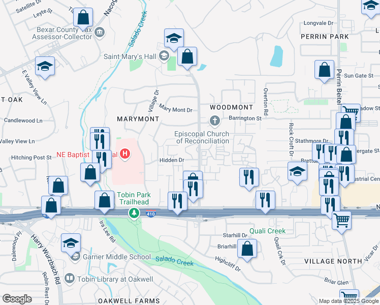 map of restaurants, bars, coffee shops, grocery stores, and more near 8715 Starcrest Drive in San Antonio