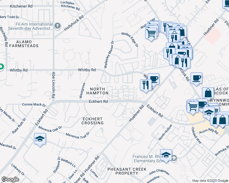 map of restaurants, bars, coffee shops, grocery stores, and more near 6165 Eckhert Road in San Antonio