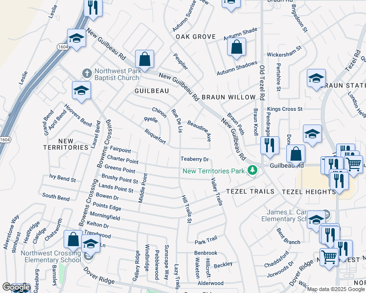 map of restaurants, bars, coffee shops, grocery stores, and more near 8862 Roquefort in San Antonio