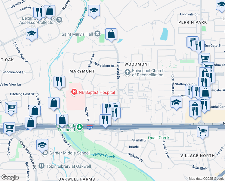 map of restaurants, bars, coffee shops, grocery stores, and more near 8715 Starcrest Drive in San Antonio