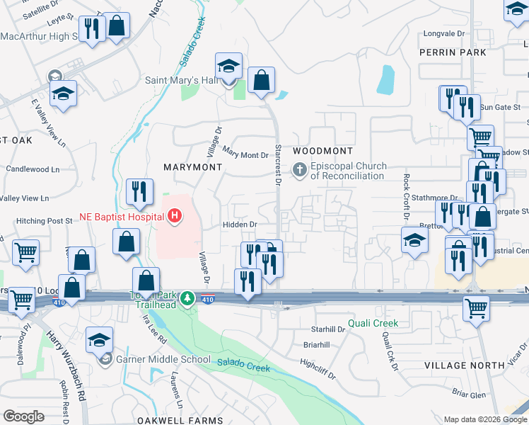 map of restaurants, bars, coffee shops, grocery stores, and more near 8715 Starcrest Drive in San Antonio