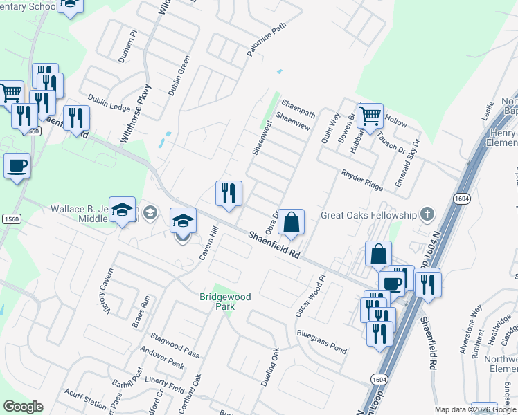 map of restaurants, bars, coffee shops, grocery stores, and more near 10734 Shaencrossing in San Antonio