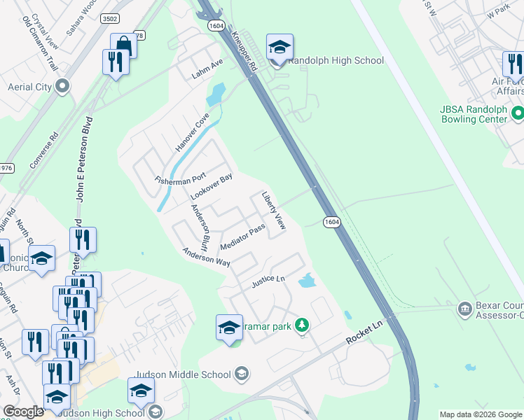 map of restaurants, bars, coffee shops, grocery stores, and more near 8924 Privilege Point in Converse