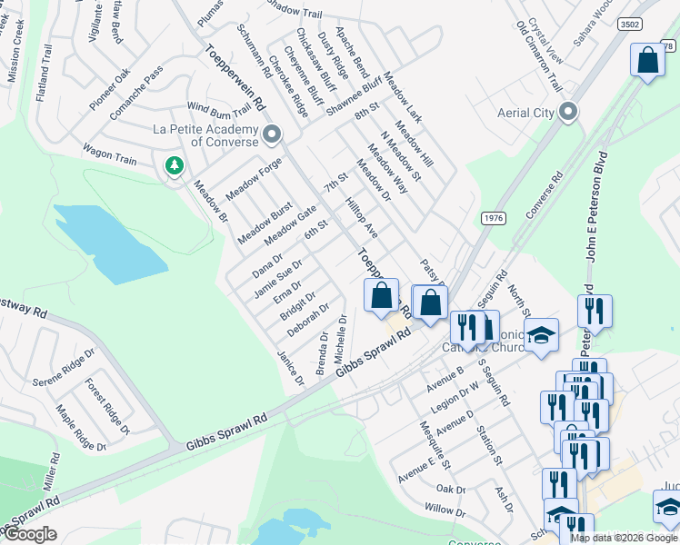 map of restaurants, bars, coffee shops, grocery stores, and more near 403 Bridgit Drive in Converse
