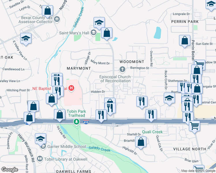 map of restaurants, bars, coffee shops, grocery stores, and more near 8715 Starcrest Drive in San Antonio