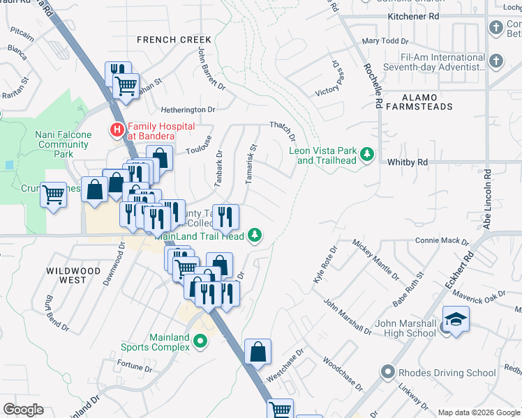 map of restaurants, bars, coffee shops, grocery stores, and more near 7414 Slippery Elm Street in San Antonio