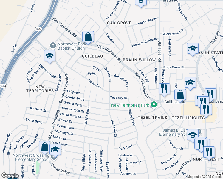 map of restaurants, bars, coffee shops, grocery stores, and more near 8862 Roquefort in San Antonio