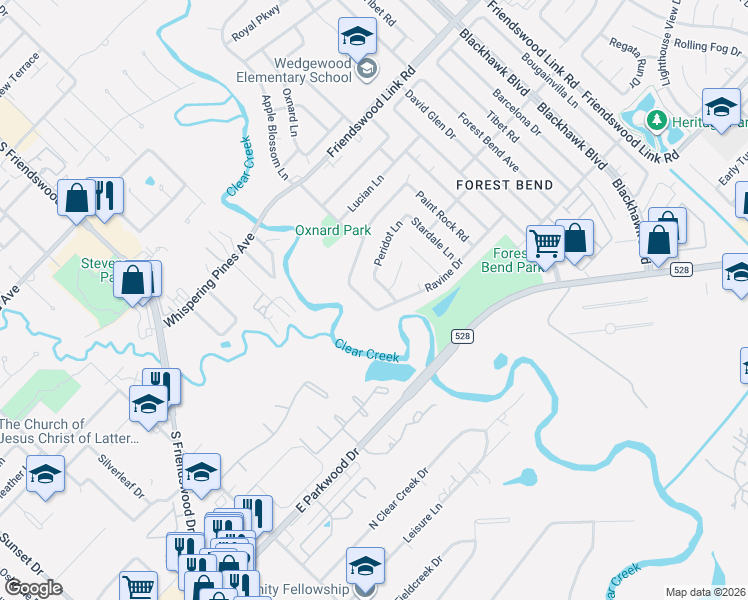 map of restaurants, bars, coffee shops, grocery stores, and more near 4515 Ravine Drive in Friendswood