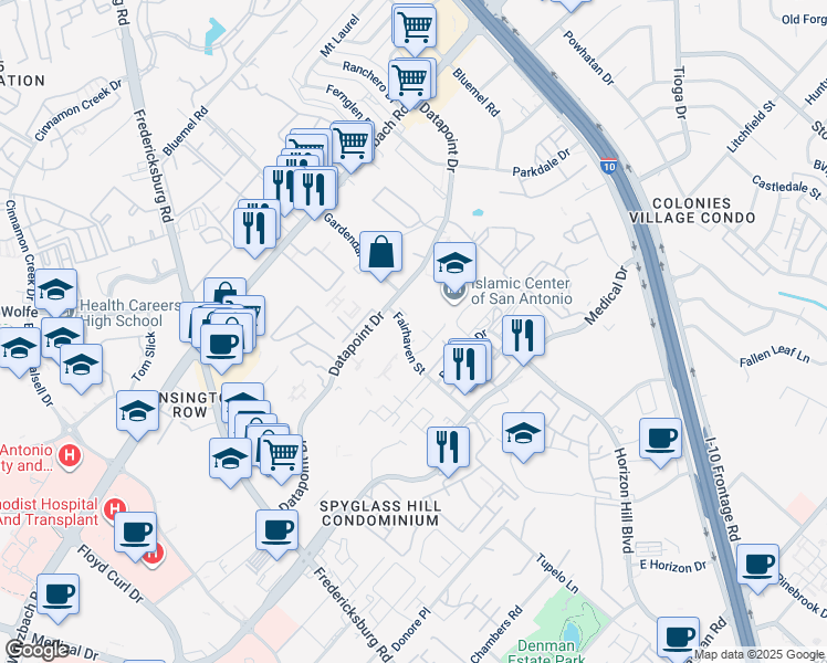 map of restaurants, bars, coffee shops, grocery stores, and more near 37 Fairhaven Street in San Antonio