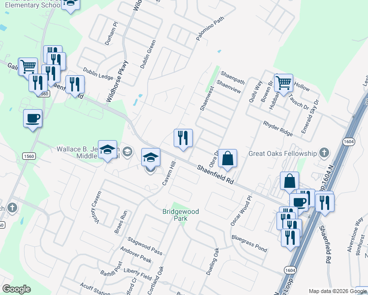 map of restaurants, bars, coffee shops, grocery stores, and more near 10865 Shaenfield Road in San Antonio