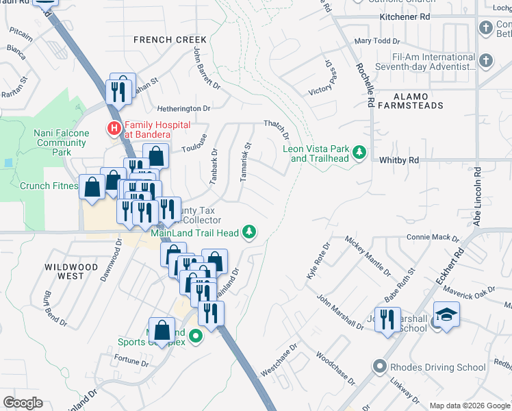 map of restaurants, bars, coffee shops, grocery stores, and more near 7414 Slippery Elm Street in San Antonio
