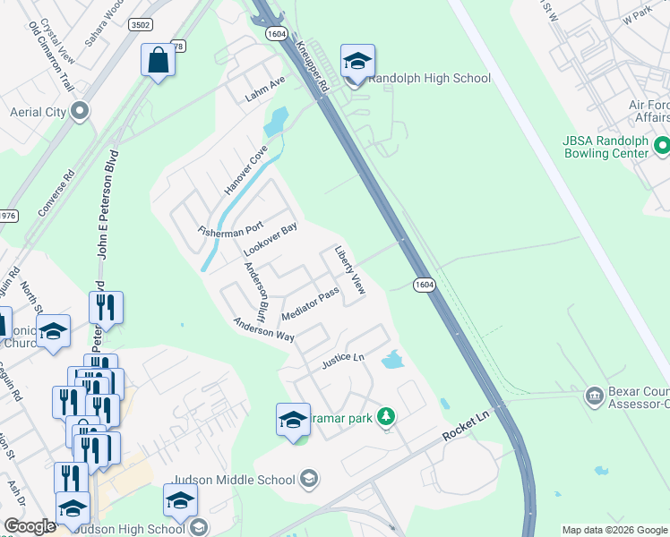 map of restaurants, bars, coffee shops, grocery stores, and more near 8924 Privilege Point in Converse