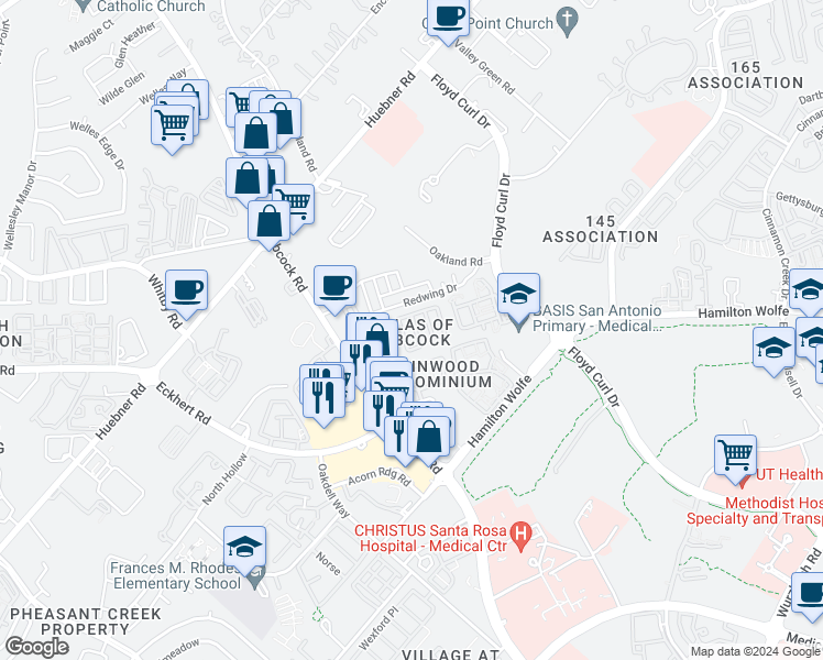 map of restaurants, bars, coffee shops, grocery stores, and more near 23 Torreys Post in San Antonio