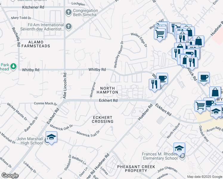 map of restaurants, bars, coffee shops, grocery stores, and more near 8430 Echo Creek Lane in San Antonio