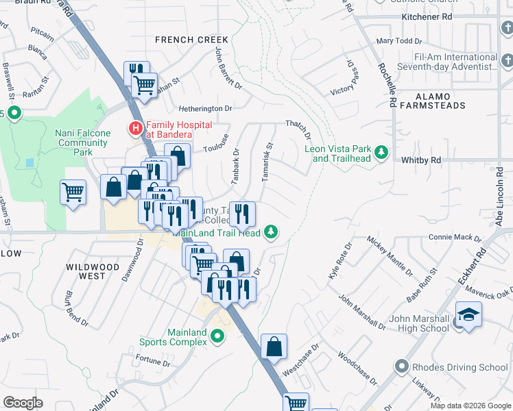 map of restaurants, bars, coffee shops, grocery stores, and more near 7450 Slippery Elm Street in San Antonio
