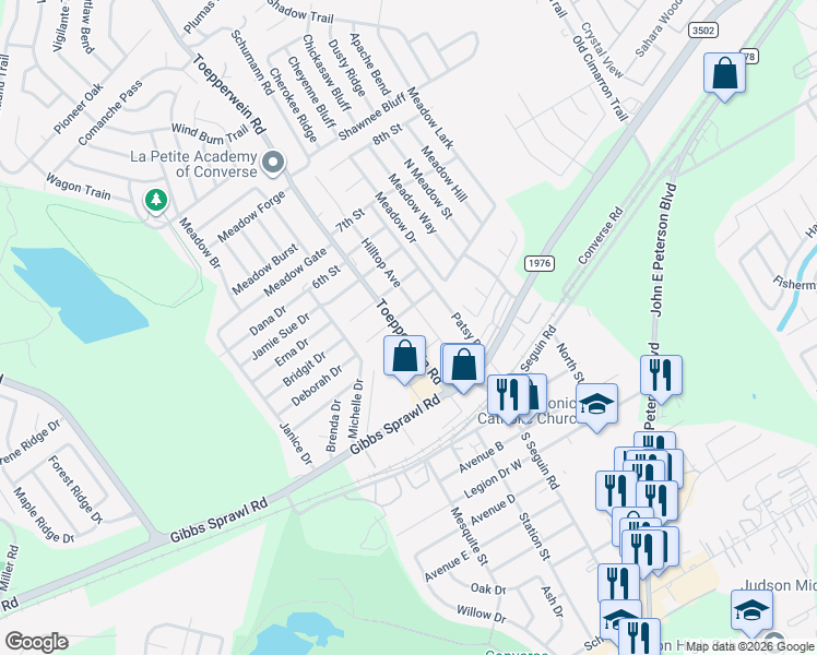 map of restaurants, bars, coffee shops, grocery stores, and more near 306 Toepperwein Road in Converse