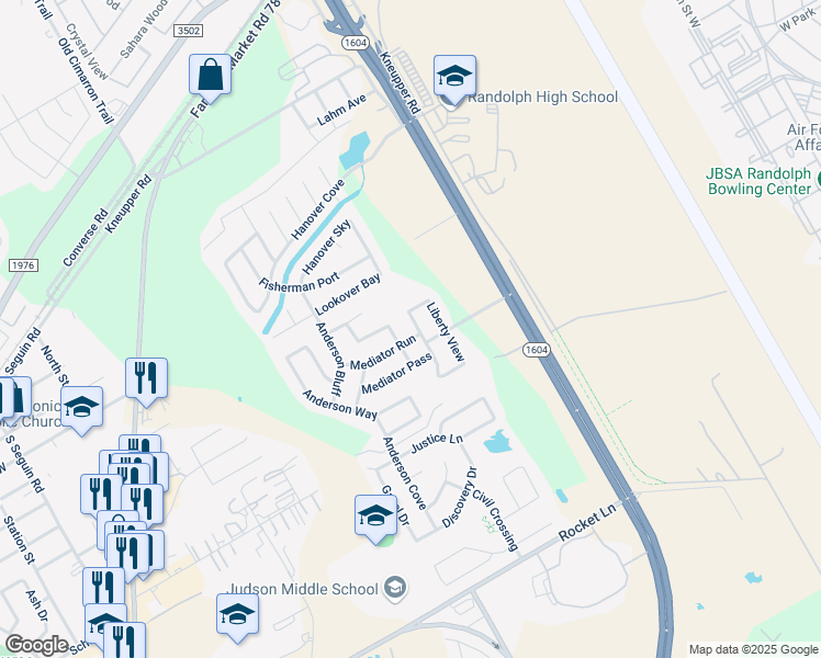 map of restaurants, bars, coffee shops, grocery stores, and more near 9631 Mediator Run in Converse