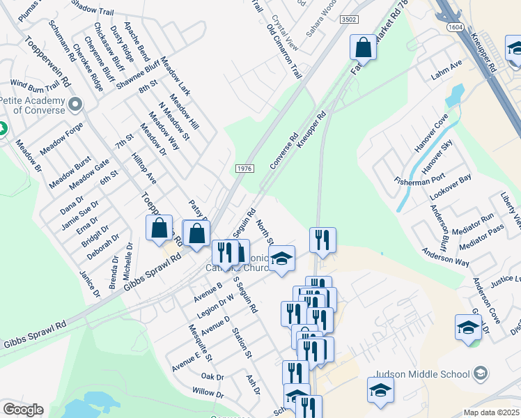 map of restaurants, bars, coffee shops, grocery stores, and more near 204 North Street in Converse