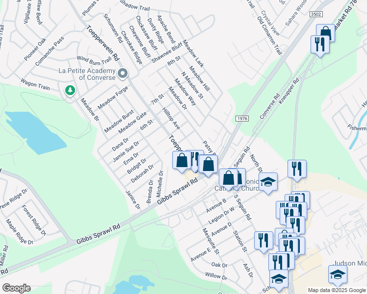 map of restaurants, bars, coffee shops, grocery stores, and more near 306 Toepperwein Road in Converse