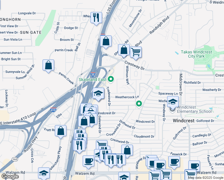 map of restaurants, bars, coffee shops, grocery stores, and more near 213 Weathercock Lane in San Antonio