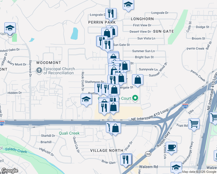 map of restaurants, bars, coffee shops, grocery stores, and more near 4151 Bretton Ridge in San Antonio