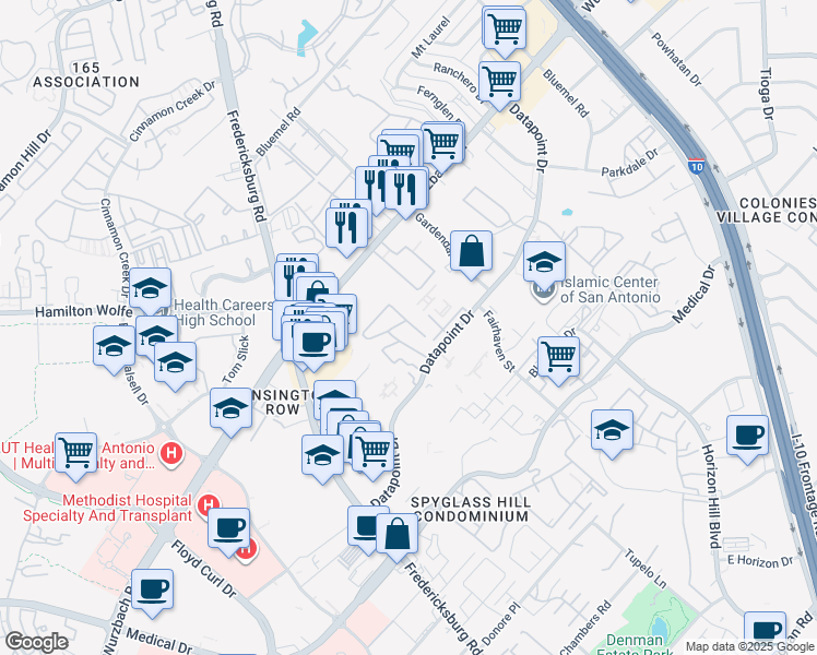 map of restaurants, bars, coffee shops, grocery stores, and more near 8633 Datapoint Drive in San Antonio