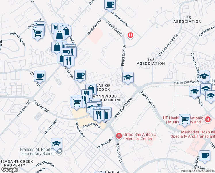 map of restaurants, bars, coffee shops, grocery stores, and more near 19 Caswell Circle in San Antonio