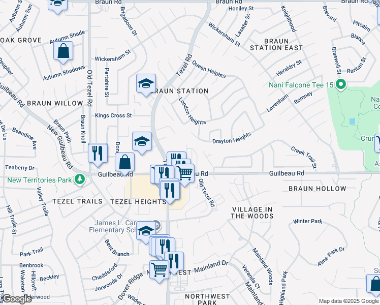 map of restaurants, bars, coffee shops, grocery stores, and more near 8431 Cranberry Hill in San Antonio