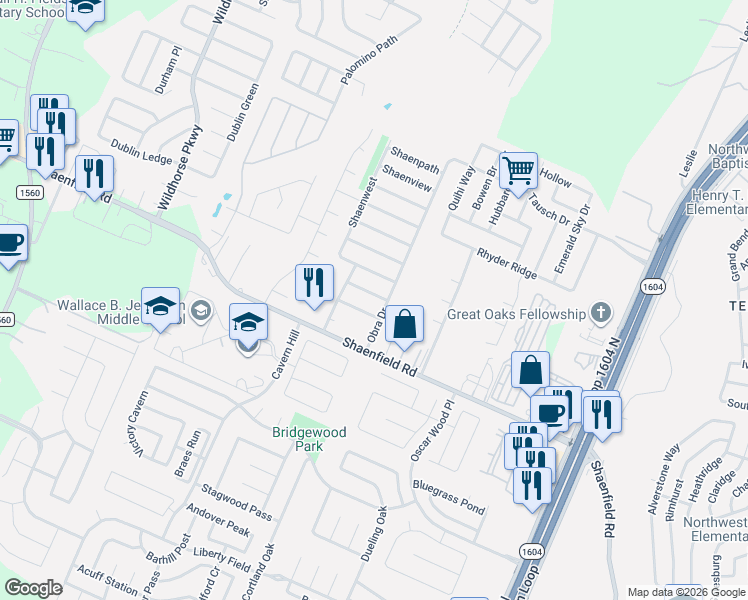 map of restaurants, bars, coffee shops, grocery stores, and more near 10703 Shaencrossing in San Antonio