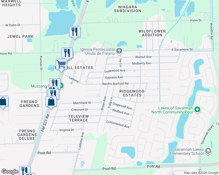map of restaurants, bars, coffee shops, grocery stores, and more near 4422 Tulip Lane in Fresno