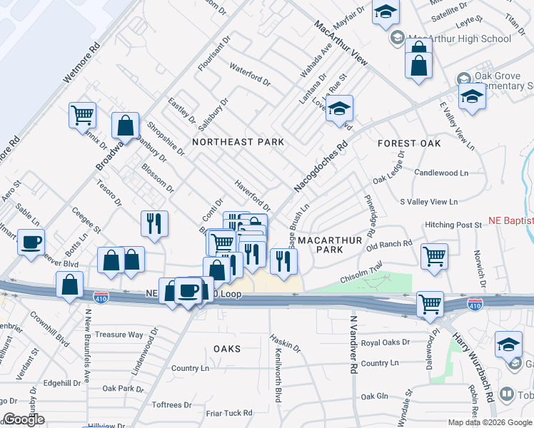 map of restaurants, bars, coffee shops, grocery stores, and more near 2640 Nacogdoches Road in San Antonio