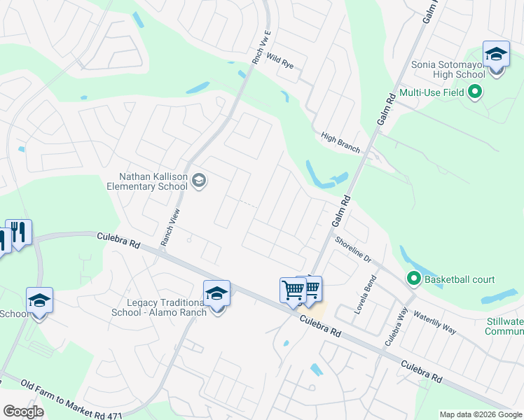 map of restaurants, bars, coffee shops, grocery stores, and more near 8418 Angelina Parke in San Antonio