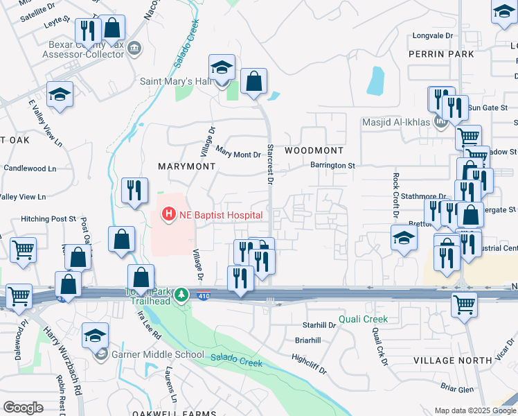 map of restaurants, bars, coffee shops, grocery stores, and more near 8715 Starcrest Drive in San Antonio