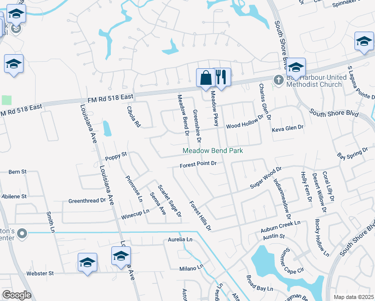map of restaurants, bars, coffee shops, grocery stores, and more near 2799 Glen Haven Drive in League City