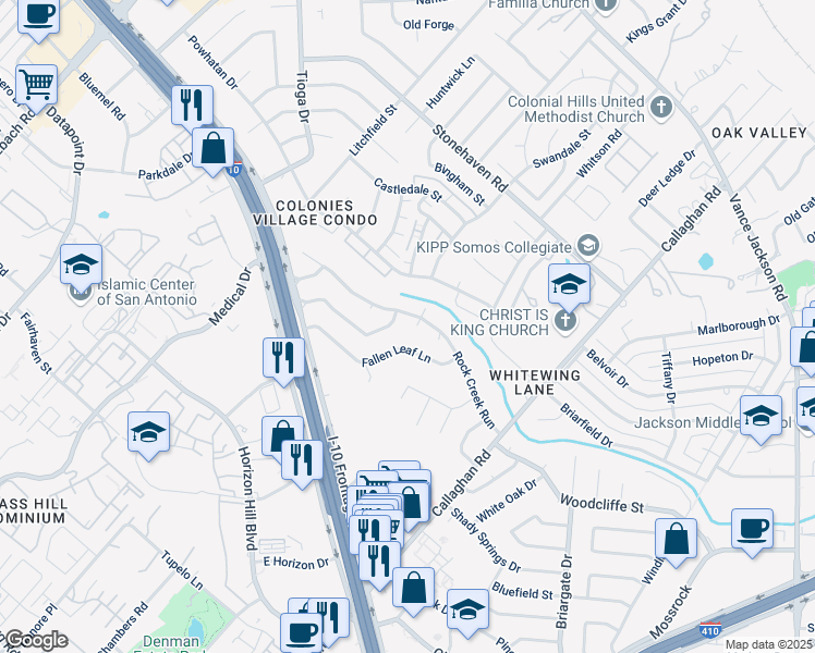map of restaurants, bars, coffee shops, grocery stores, and more near 3327 Fallen Leaf Lane in San Antonio