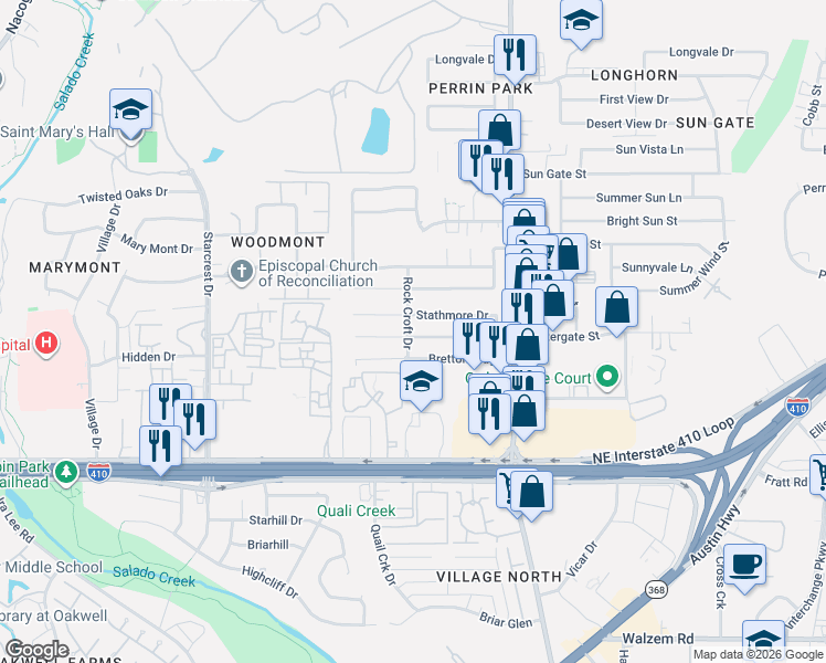 map of restaurants, bars, coffee shops, grocery stores, and more near 4103 Bretton Ridge in San Antonio