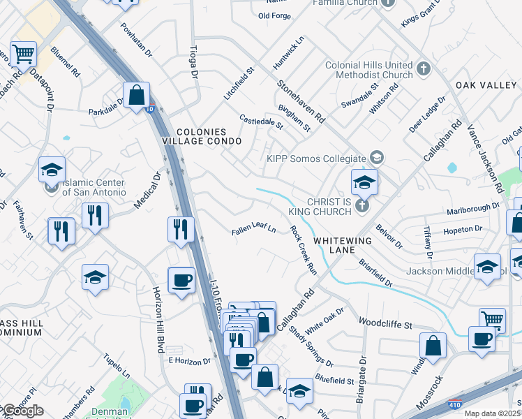 map of restaurants, bars, coffee shops, grocery stores, and more near 3327 Fallen Leaf Lane in San Antonio