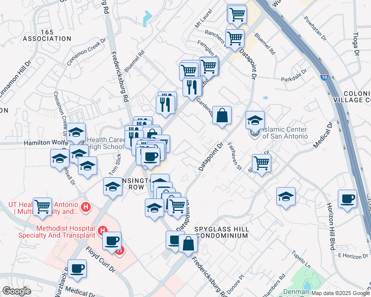 map of restaurants, bars, coffee shops, grocery stores, and more near 8611 Datapoint Drive in San Antonio