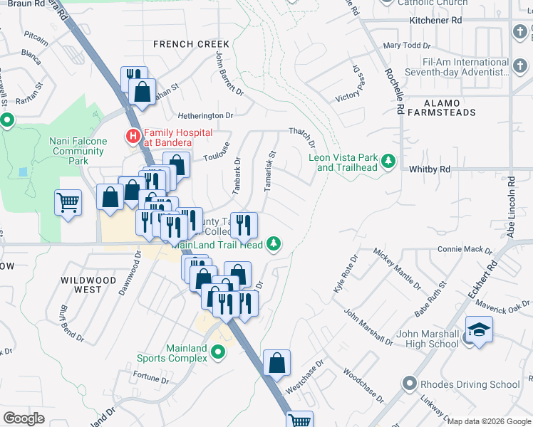 map of restaurants, bars, coffee shops, grocery stores, and more near 7450 Slippery Elm Street in San Antonio