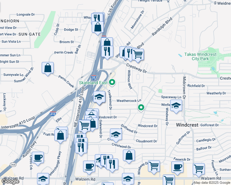 map of restaurants, bars, coffee shops, grocery stores, and more near 8802 Tradewind Drive in Windcrest
