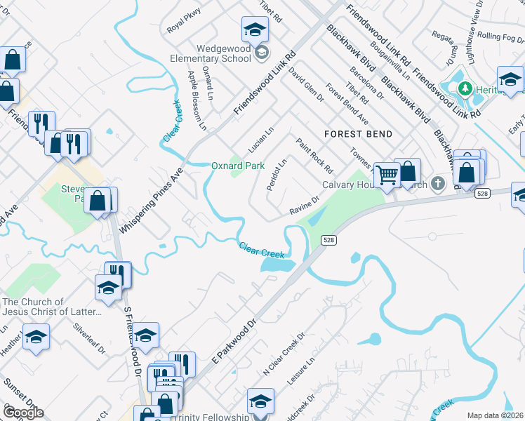 map of restaurants, bars, coffee shops, grocery stores, and more near 16923 Creek Line Drive in Friendswood