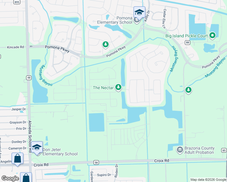 map of restaurants, bars, coffee shops, grocery stores, and more near 3121 County Road 58 in Manvel