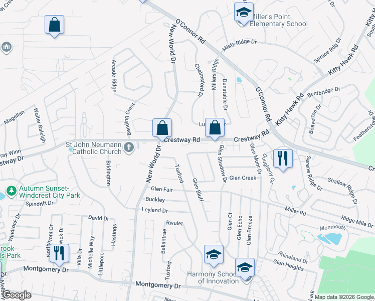 map of restaurants, bars, coffee shops, grocery stores, and more near 6925 Crestway Road in San Antonio